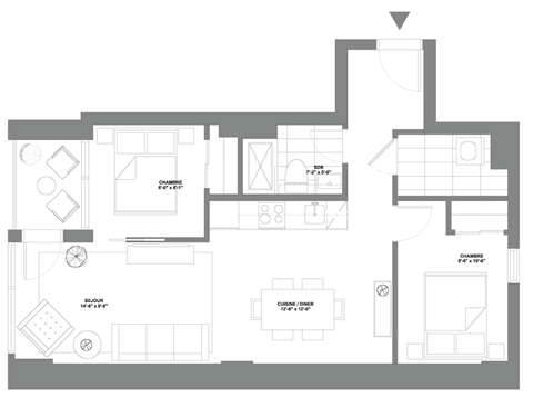 Floor plan for 2 beds, 1 bath, 675 sqft